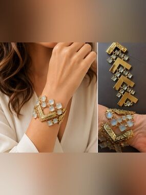 Gold-tone metal with geometric chevron design bracelet about 7”x1.75” statement
